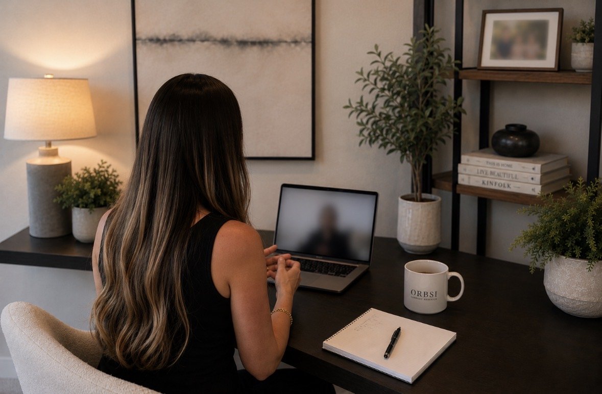 A telehealth therapy session taking place at a desk