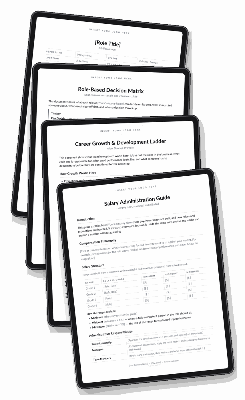 Job Description, Role-Based Decision Matrix, Career Growth Ladder and Salary Administration Guide templates