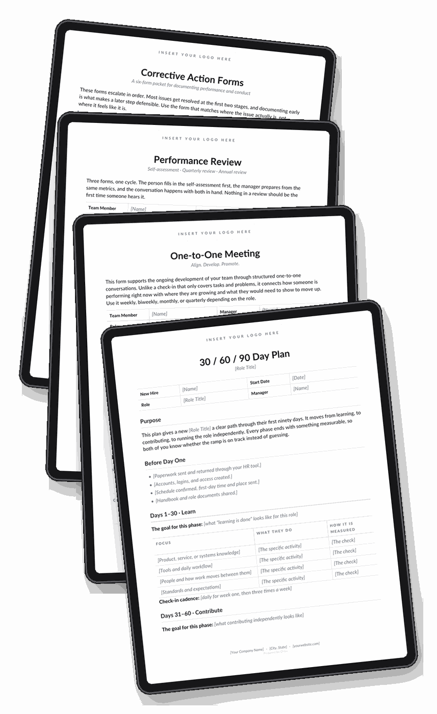 Corrective Action Forms, Performance Review, One-to-One Meeting and 30/60/90 Day Plan templates
